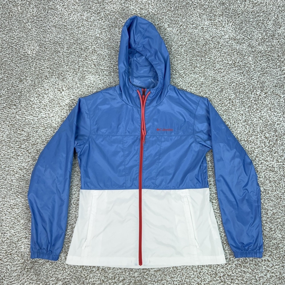 Columbia Jacket Womens Small Blue White Hooded Full Zip Windbreaker Colorblock